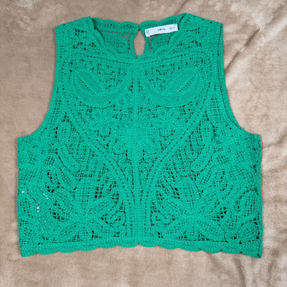 Mango MNG Green Crochet Open Knit Crop Top Sleeveless Scalloped Hem Small